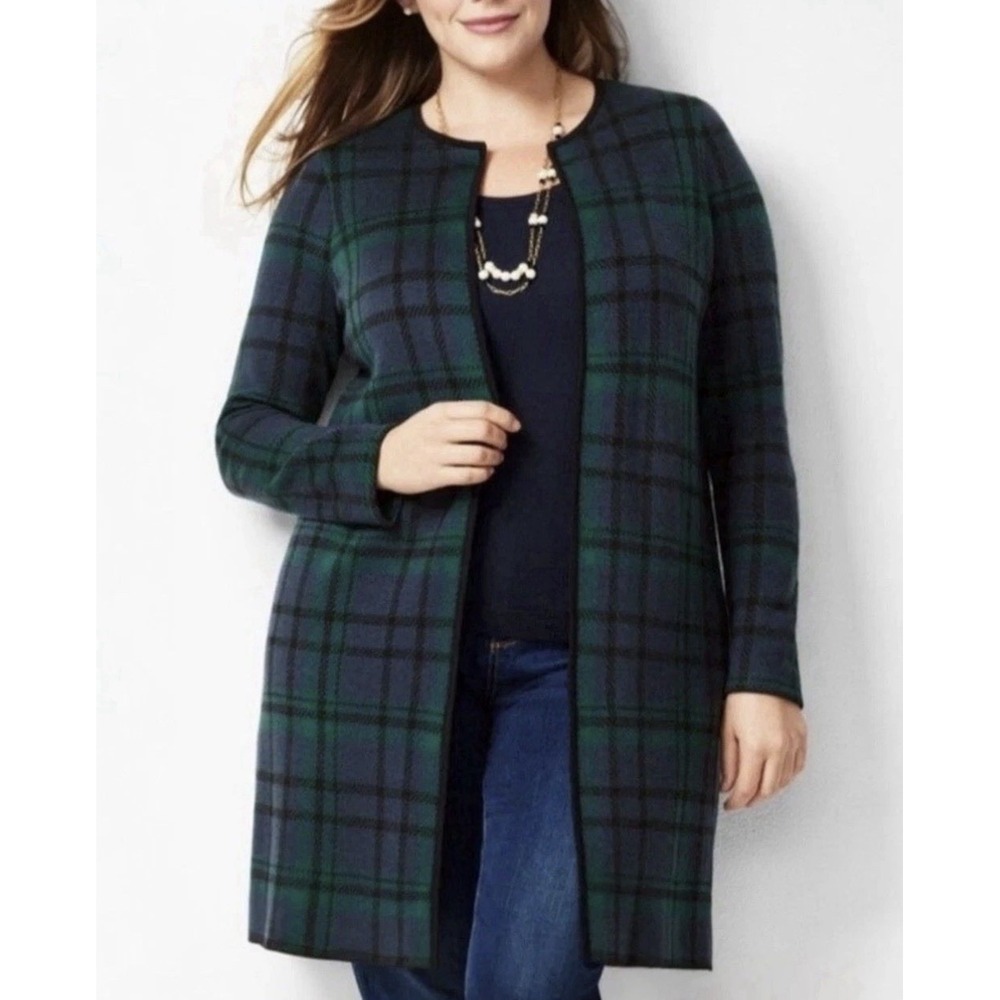Talbots Pure Merino Wool Blue Green Plaid Open Front Cardigan Size 1XL